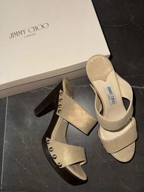 Jimmy Choo Beige Gold Metallic Block Heel Sandals